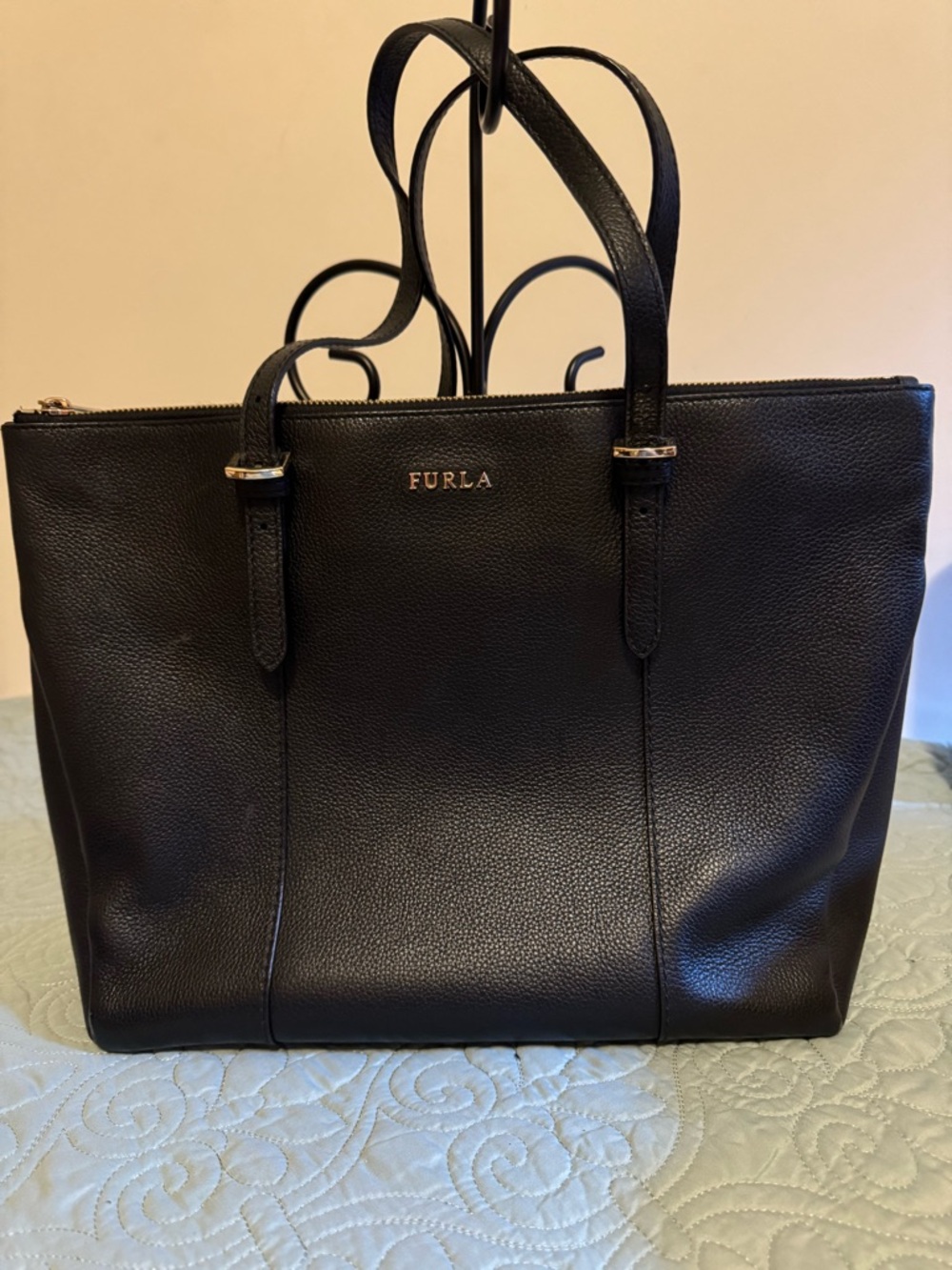 Furla Black Pebbled Leather Tote with Gold Logo